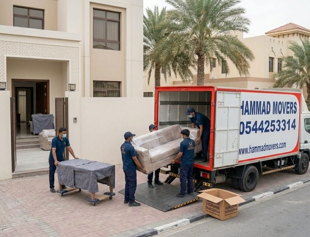 Movers wrapping and loading a sofa during a villa relocation in Sharjah